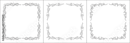 Set of three frames. Elegant black and white frame with Scandinavian ornament  decorative border  corners  isolated vector illustration.  