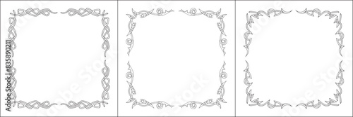 Set of three frames. Elegant black and white frame with Scandinavian ornament, decorative border, corners, isolated vector illustration.	
