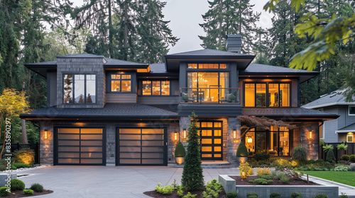 Neutral-colored Craftsman house with a large garage and a modern exterior design