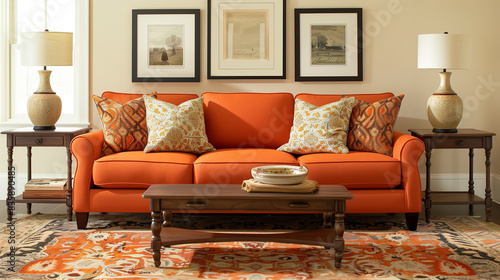 An orange color loveseat sofa placed against a cream wall, corner tables, floor lamps, Modern interior