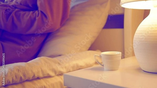 Woman is drinking coffee , morning routine. 