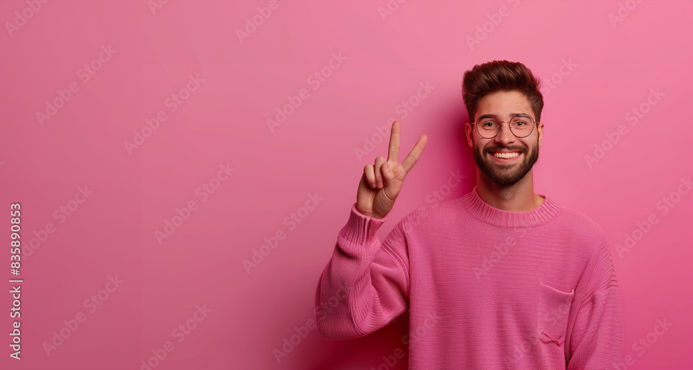 A man in a pink sweater is smiling and holding up his hands in a peace sign. A young, handsome man with a beard, wearing a casual sweater and glasses, stands against a vibrant pink background. A man in a pink sweater is smiling and holding up his hands in a peace sign. A young, handsome man with a beard, wearing a casual sweater and glasses, stands against a vibrant pink background.
