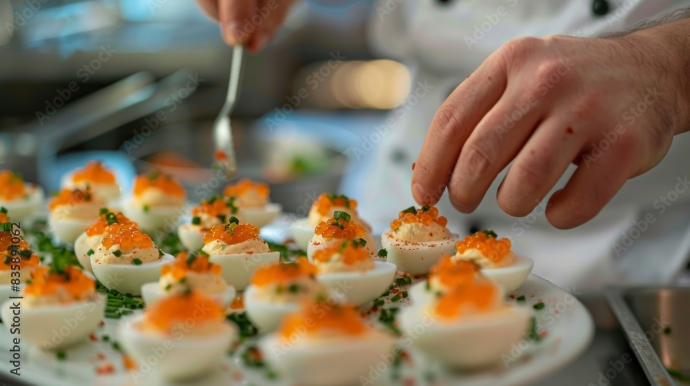 A chef carefully arranging caviar-topped deviled eggs on a platter, garnished with chives and paprika for an elegant appetizer. A chef carefully arranging caviar-topped deviled eggs on a platter, garnished with chives and paprika for an elegant appetizer.