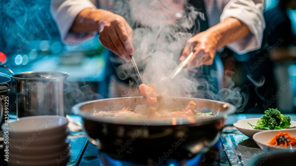 A chef demonstrating the art of shabu-shabu cooking at a culinary event, showcasing the technique of quickly swishing ingredients in hot broth. A chef demonstrating the art of shabu-shabu cooking at a culinary event, showcasing the technique of quickly swishing ingredients in hot broth.