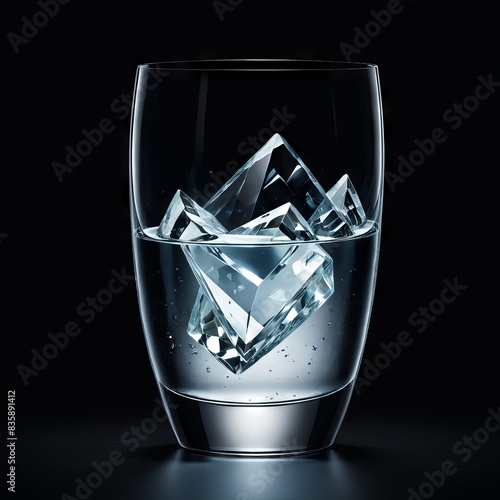 A glass of water with large  clear ice crystals is set against a dark background. The sharp edges of the ice contrast with the smooth glass  emphasizing the purity and freshness of the drink.