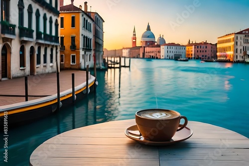 A cup of coffee and a flower vase on the table in front of the Canal in Venice during sunset, in the style of captivating cityscapes