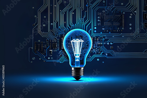 Glowing light bulb with circuit board inside on dark blue background,desnig illustration.	