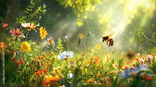 A honeybee buzzing through a vibrant meadow, surrounded by colorful wildflowers, with sunlight streaming and a gentle breeze photo