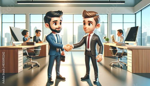3D illustration of two businessmen shaking hands in an office atmosphere, depicted as cartoon characters. photo