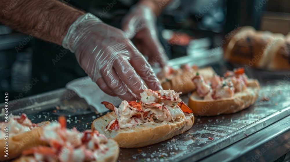 A chef preparing lobster rolls, filling buttered buns with chunks of fresh lobster meat tossed in mayonnaise and seasoning A chef preparing lobster rolls, filling buttered buns with chunks of fresh lobster meat tossed in mayonnaise and seasoning