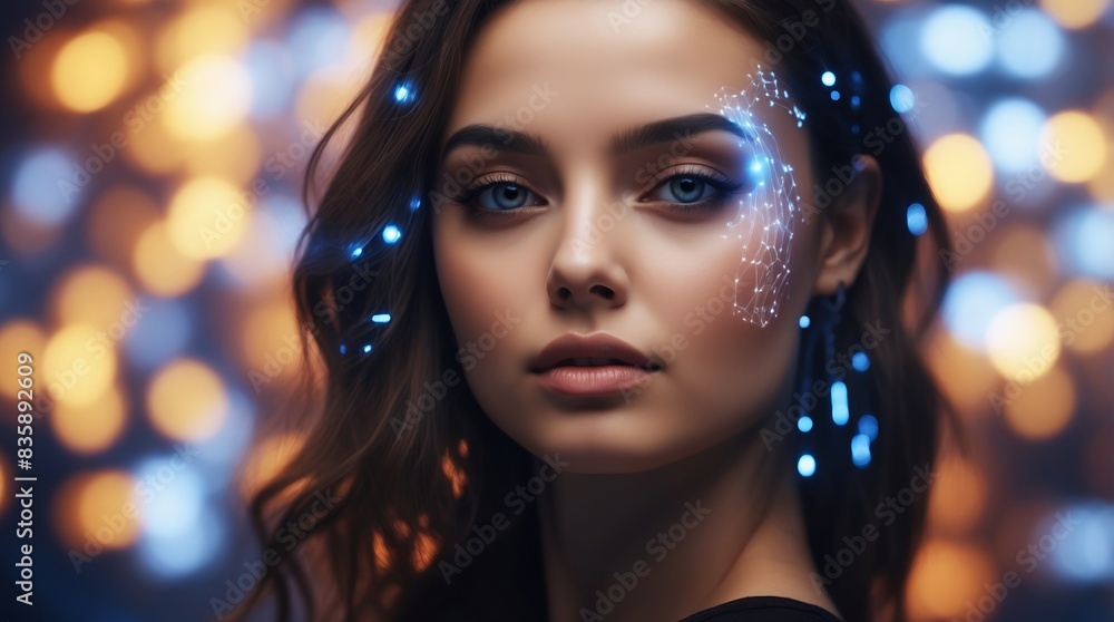 Portrait of an attractive woman with unusual digital light effects on her face Portrait of an attractive woman with unusual digital light effects on her face