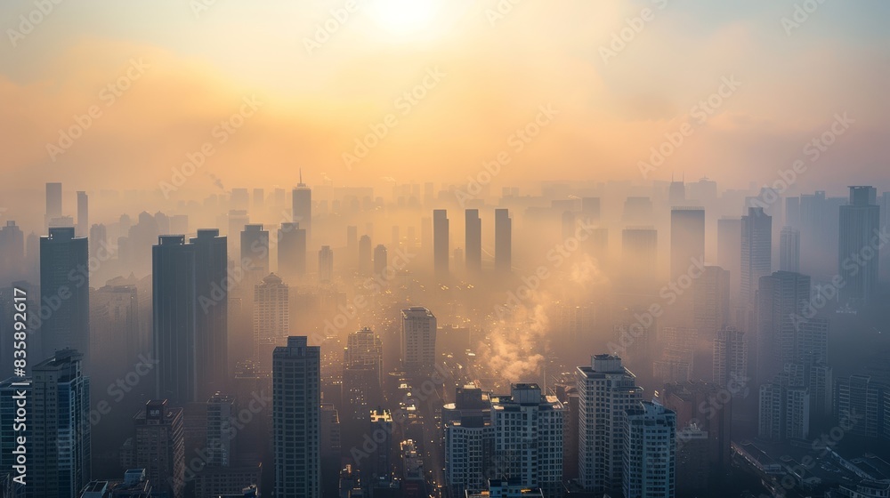A cityscape shrouded in fog at sunrise, with tall buildings silhouetted against the golden light. A cityscape shrouded in fog at sunrise, with tall buildings silhouetted against the golden light.