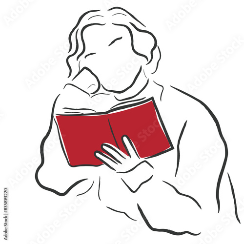 hand drawn line art vector of a modern woman sitting laid back on sofa reading the red book.
