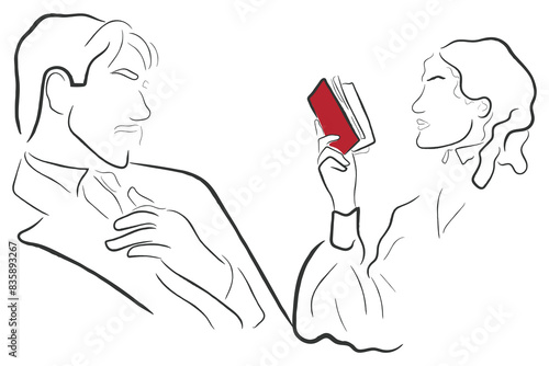 Hand drawn line art vector of tortured souls lost in books. Passion and literature concept.