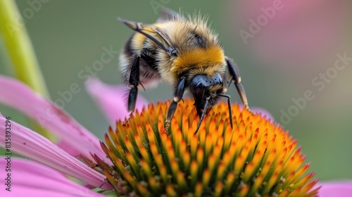 A macro shot of a bee on a purple coneflower, deeply engaged in nectar collection, with the flower © Lcs