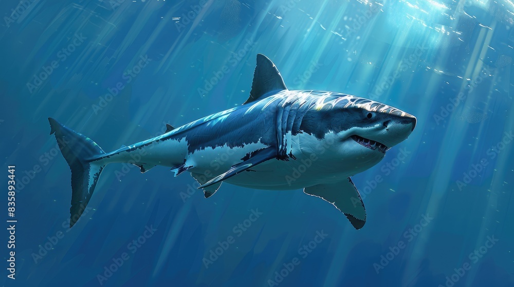 Fototapeta premium A majestic great white shark swimming gracefully through the deep blue sea, with sunlight filtering through the water