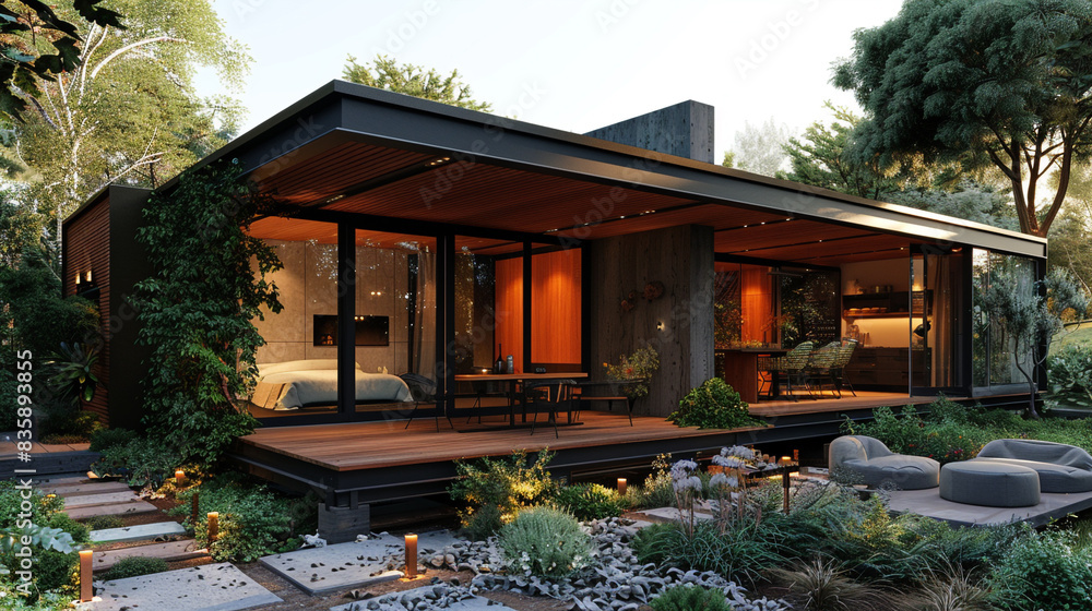 A minimalist Craftsman house with a compact garage and a small, modern outdoor seating area