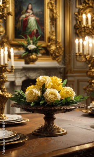 A luxurious dining table adorned with a centerpiece of vibrant yellow roses in an opulent room. The setting exudes elegance and sophistication, perfect for high-end interior design themes.
