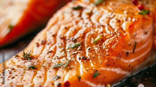 A close-up of a juicy salmon steak seasoned with herbs and spices, ready to be seared to a perfect golden brown. photo