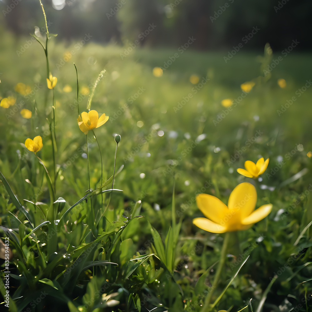Fototapeta premium yellow flowers in a field of grass with the sun shining