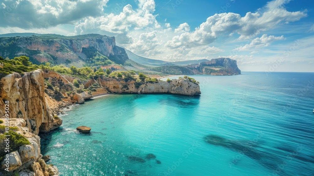 A picturesque coastline with turquoise water and an empty sky for text A picturesque coastline with turquoise water and an empty sky for text