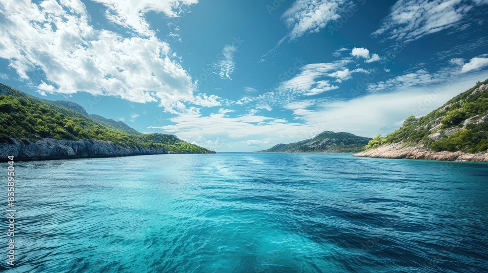 A picturesque coastline with turquoise water and an empty sky for text A picturesque coastline with turquoise water and an empty sky for text
