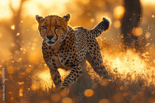 cheetah running in Kruger National Park with the Savannah trees in the background, generative ai