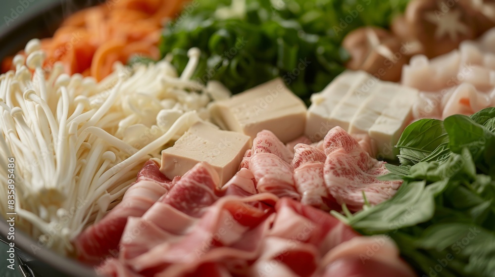 A close-up of assorted fresh ingredients for shabu-shabu, including thinly sliced meats, tofu, mushrooms, and leafy greens, ready to be cooked in a hot pot. A close-up of assorted fresh ingredients for shabu-shabu, including thinly sliced meats, tofu, mushrooms, and leafy greens, ready to be cooked in a hot pot.