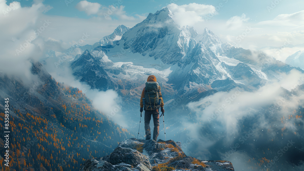 Obraz premium hiker standing on a top of a mountain,generative ai