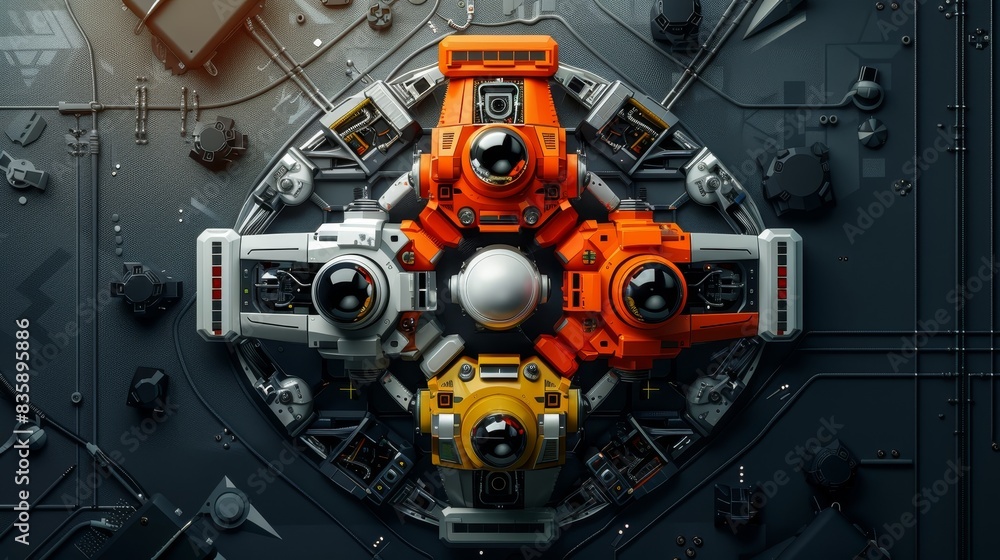 Space Robotics theme top view Implementing robotics in space missions Robotic tone Triadic color scheme Space Robotics theme top view Implementing robotics in space missions Robotic tone Triadic color scheme