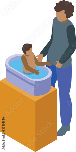 Isometric graphic of a mother tenderly bathing her infant in a baby tub