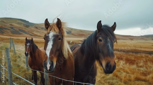 A group of Icelandic horses standing in a field  with varying coat colors including brown  black  and white