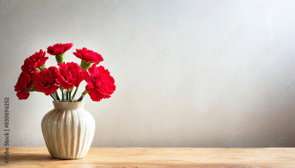 vase of red carnations on a wooden shelf vase of red carnations on a wooden shelf