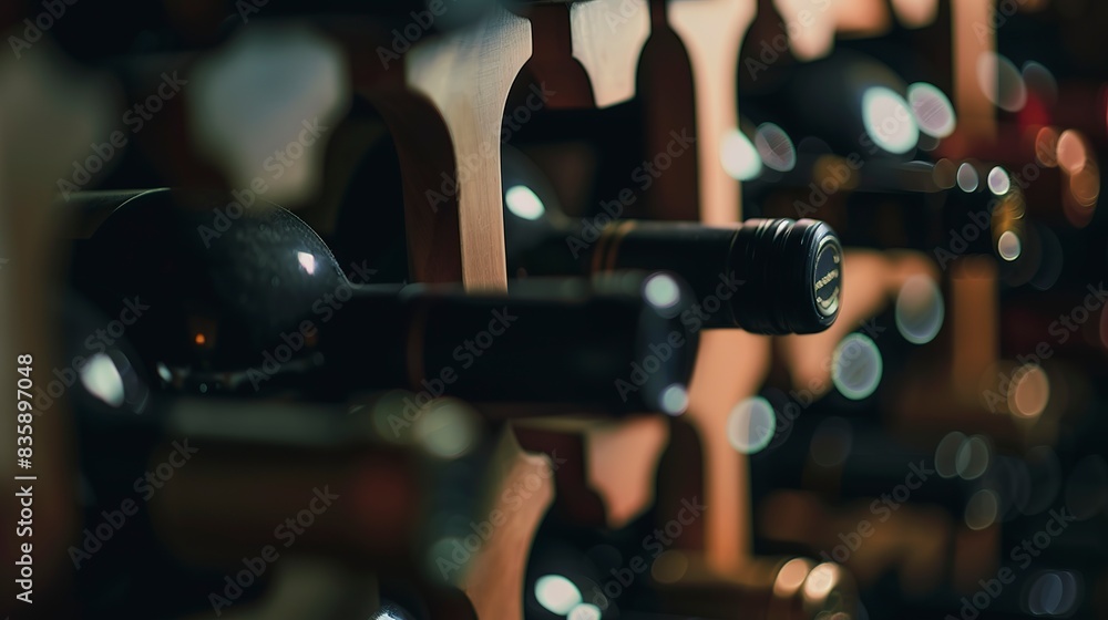 Naklejka premium Exquisite wine cellar, close-up on rows of vintage wines in bespoke racks, soft spotlight 