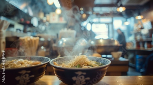 A cozy, traditional ramen house with steam rising from bowls of ramen, showcasing the warmth and comfort of classic Japanese cuisine. --ar 16:9 --style raw Job ID: 3fb1909c-751a-45a7-9fc9-5f217f888257 © songwut