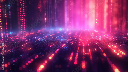 Big data and cybersecurity 3D illustration. Neural network and cloud technologies. Global database and artificial intelligence. Bright, colorful background with bokeh effect.