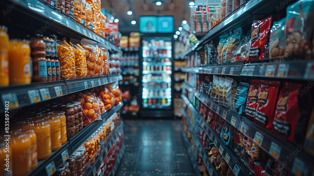 front perspective, blurred grocery shelves, food articles semi visible, a topping layer of technological lines and tech vibe.generative ai front perspective, blurred grocery shelves, food articles semi visible, a topping layer of technological lines and tech vibe.generative ai
