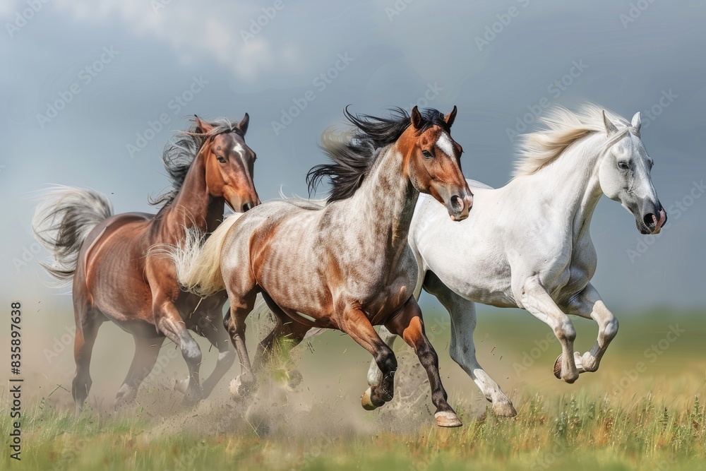 Three horses running in field - dynamic outdoor scene with freedom and wildlife concept Three horses running in field - dynamic outdoor scene with freedom and wildlife concept