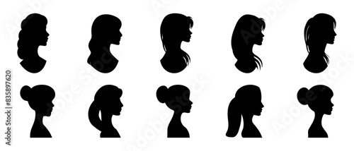 woman hairstyle, various hairstyle for female, cute girl collection, young girl side view profile silhouette black filled vector illustration icon set.
