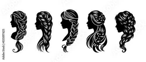 woman wedding hairstyle, braid hairstyle for female, cute girl collection, young girl side view profile silhouette black filled vector illustration icon set.