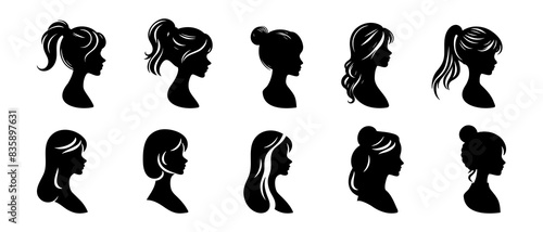woman hairstyle, various hairstyle for female, cute girl collection, young girl side view profile silhouette black filled vector illustration icon set.