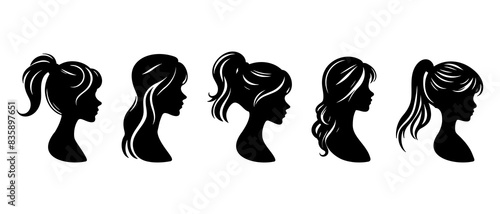 woman hairstyle, hand drawn hairstyle for female, cute girl collection, young girl side view profile silhouette black filled vector illustration icon set.