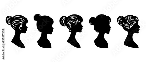 woman wedding hairstyle, bun hairstyle for female, cute girl collection, young girl side view profile silhouette black filled vector illustration icon set.