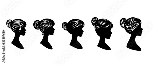woman wedding hairstyle, bun hairstyle for female, cute girl collection, young girl side view profile silhouette black filled vector illustration icon set.
