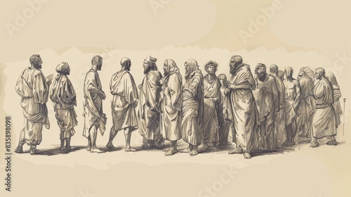 Judges 12 Biblical Illustration: Jephthah and Ephraimite conflict, Jephthah's death, Ibzan, Elon, Abdon judgeships, Beige Background, copyspace