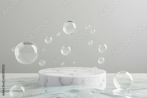 empty podium product display with water ripples and green leaf, for beauty cosmetic mockup presentation, nature and pristine