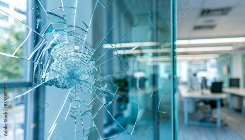 Close up of damaged office window with shattered glass, vandalism or accident concept