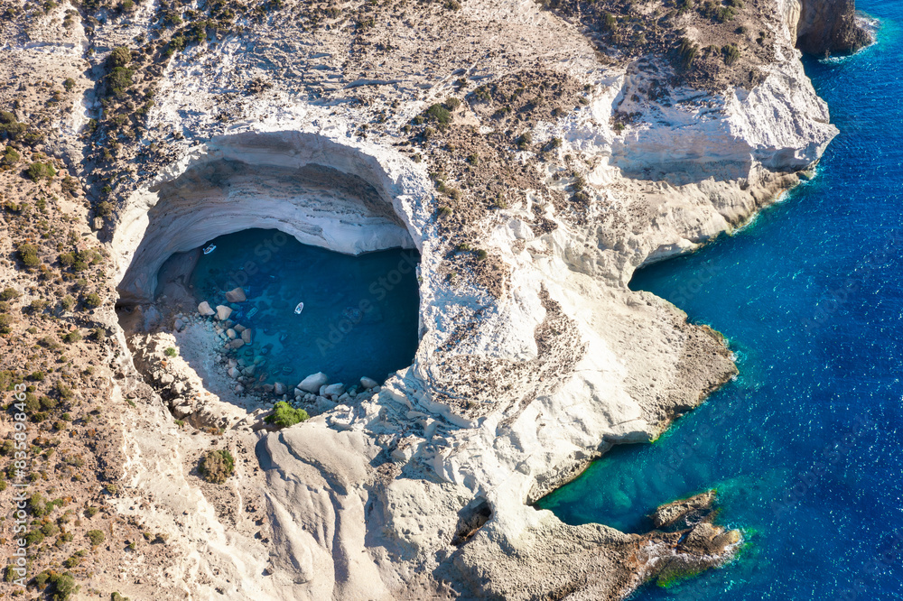 Aerial view of the volcanic open cave of Sykia, Milos island, Cyclades, Greece