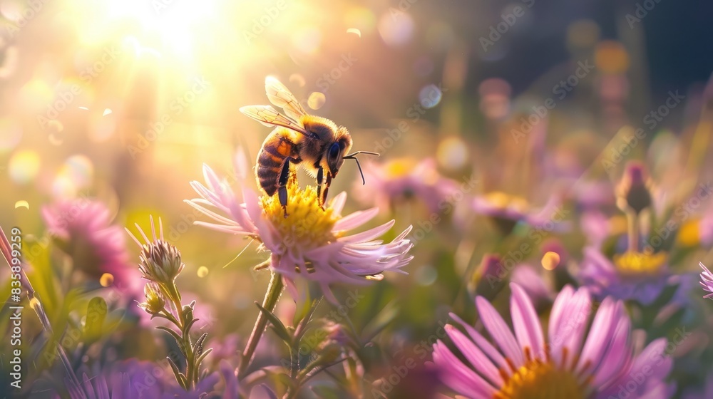 A serene field with a bee hovering near blossoms, bright sunlight casting a warm glow and a soft breeze A serene field with a bee hovering near blossoms, bright sunlight casting a warm glow and a soft breeze