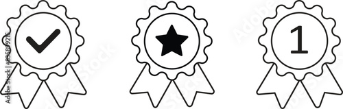 Set of medal or guarantee icons. Badge concept of minimal consumer control emblem or assurance Line check approval, one and star trendy modern distinction win logotype isolated transparent background.